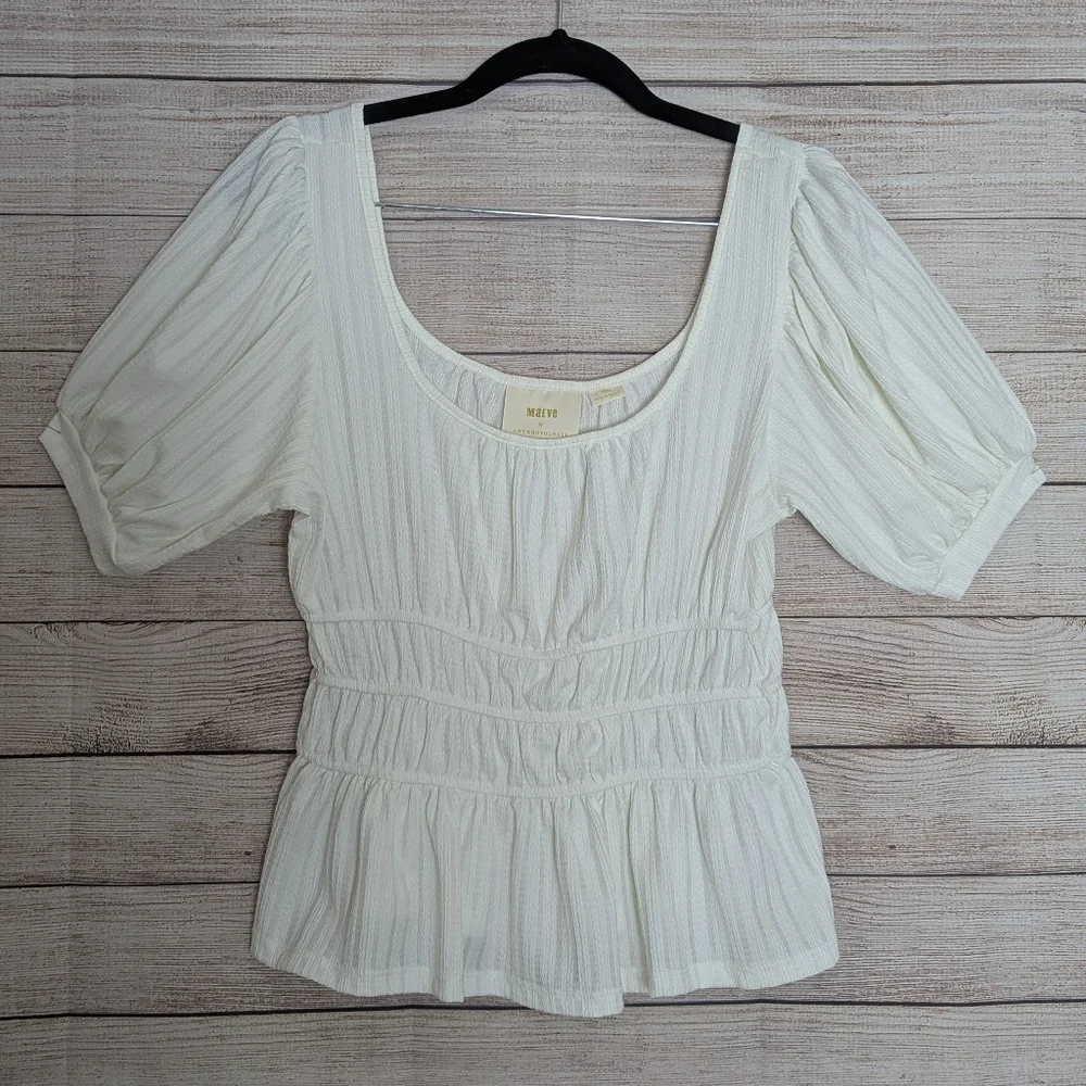 Maeve Anthropologie Size Small White Smocked Peplum Top Puff Sleeve Scoop Neck